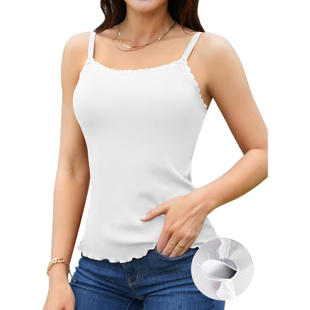 Women Ribbed Tank Top Built-in Padded Bra Lace Adjustable Strap Casual